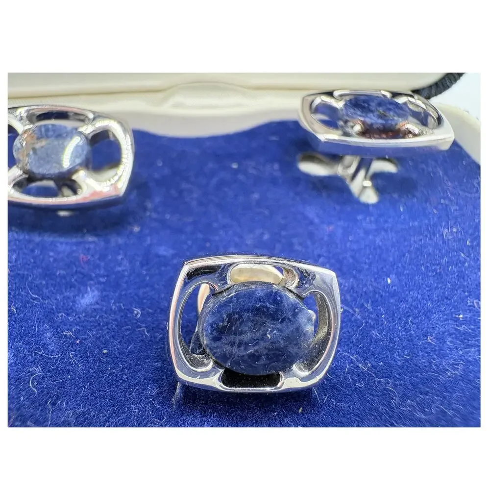 Vintage Swank Silver-Tone and Sodalite Agate Cufflinks and Tie Tack